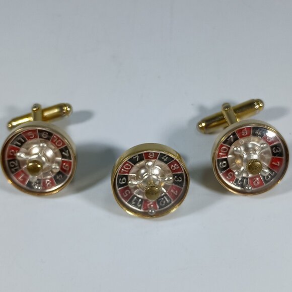 Vintage 50's Gambling Roulette Wheel Cufflinks Lapel Pin Good Luck Charm Austria - Picture 1 of 6